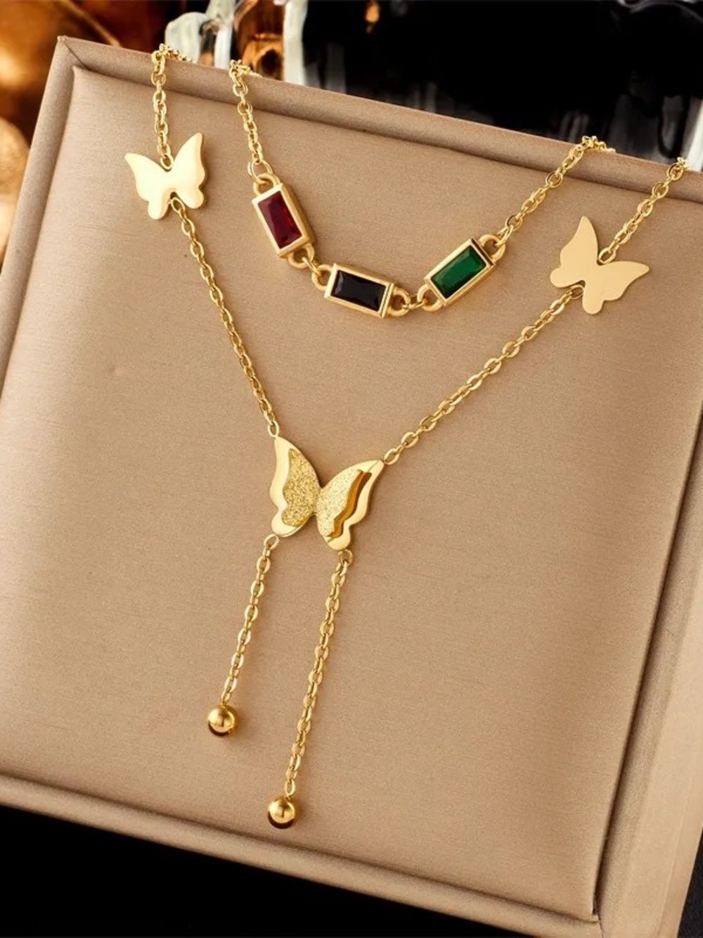 Butterfly Pendant Layered Necklace in Gold & Green